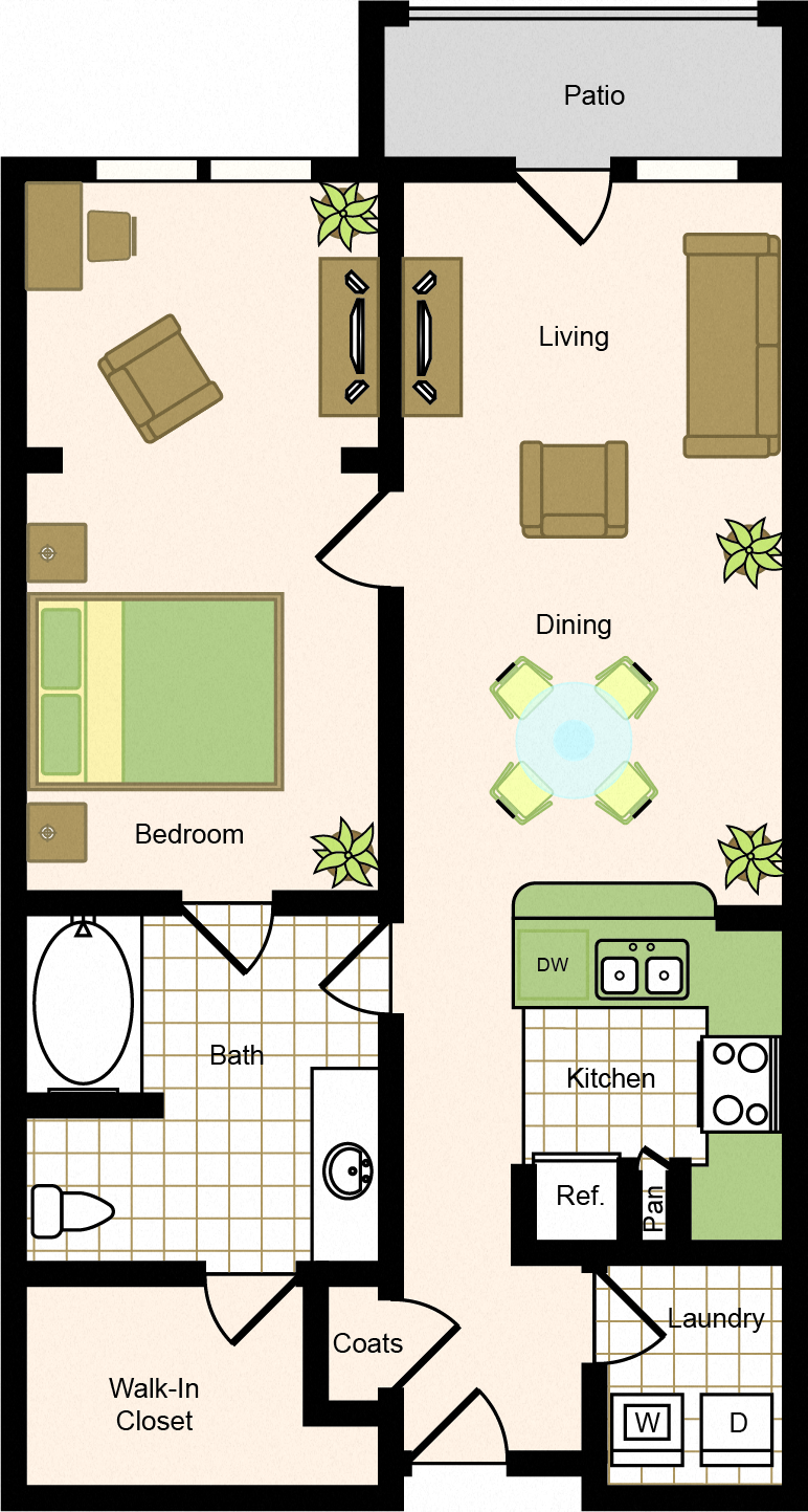 Floor plan for 1 bed, 1 bath, 984 sqft